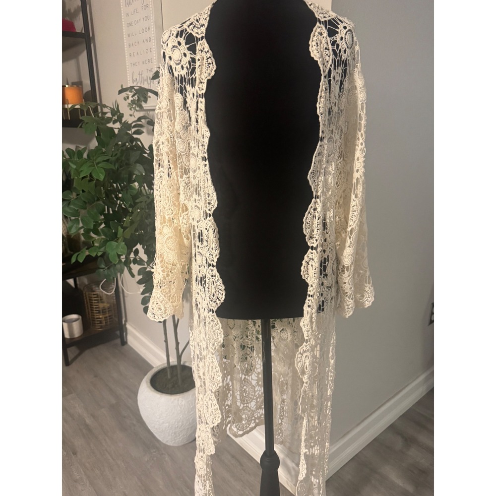 Mossimo Supply Co Cream Lace Longline Kimono Duster Floral Crochet Boho Ivory
